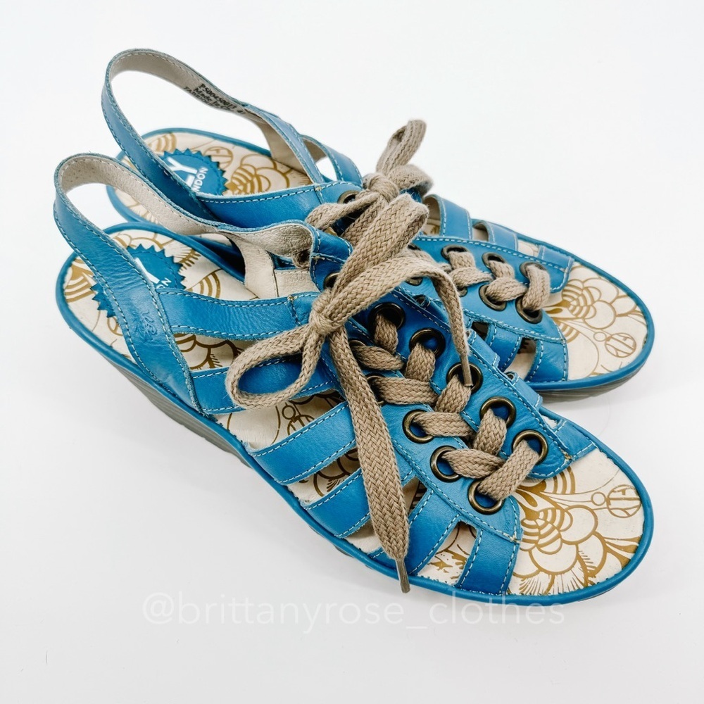 Fly London Blue and Tan Wedge Sandals - Picture 2 of 7